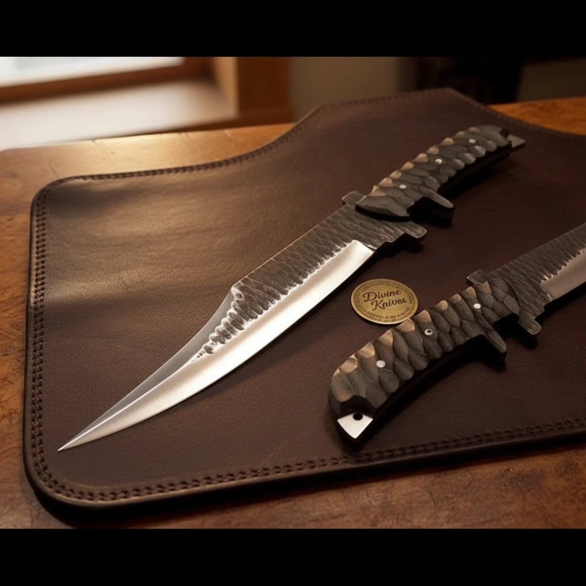 Hammered Texture Alamo Bowie with Contoured Dark Handle