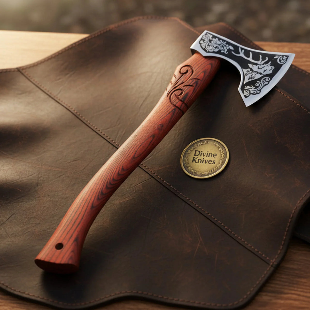 Engraved Viking Axe with Stag and Wolf Etched Head and Rosewood Handle