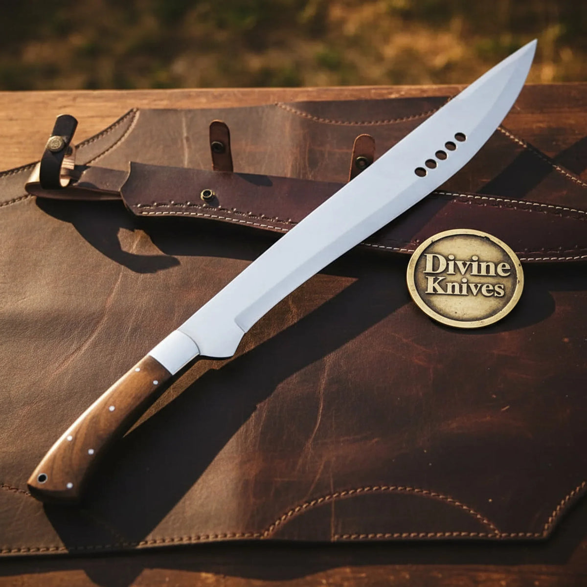 Long Machete Bowie Knife with Walnut Handle and Drilled Mirror Blade