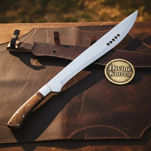 Long Machete Bowie Knife with Walnut Handle and Drilled Mirror Blade