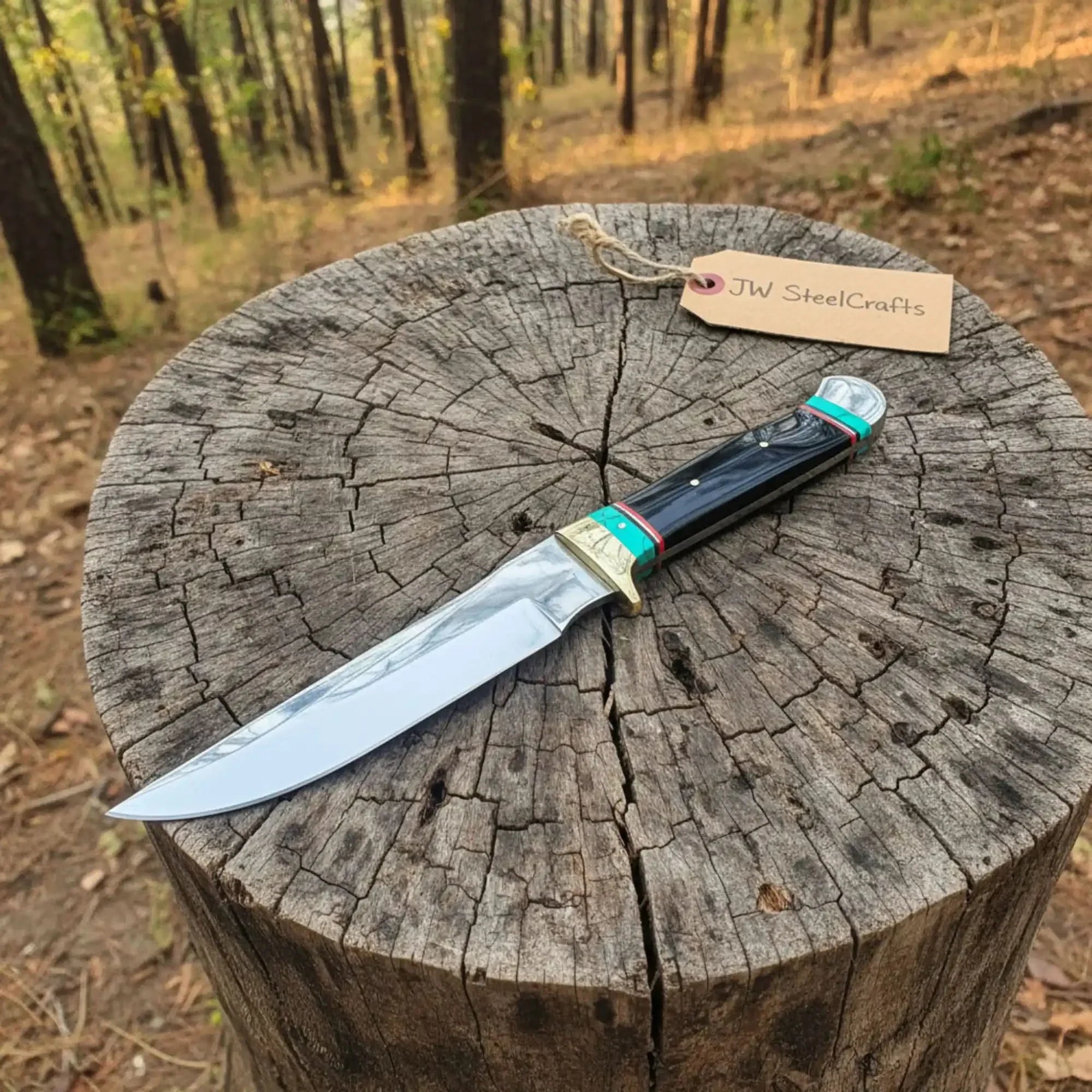 Carbon Steel 9-Inch Clip Point Bowie Knife — Buffalo Horn Handle with Turquoise Spacers by JW SteelCrafts, Damascus knife main product photo