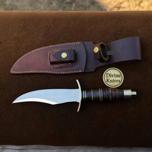 Upswept Trailing Point Skinner Knife with Stacked Leather Handle and Brass Guard