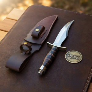 Upswept Trailing Point Skinner Knife with Stacked Leather Handle and Brass Guard