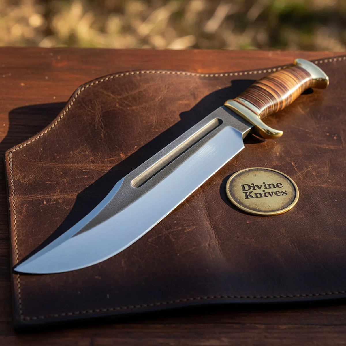 Stacked Leather Handle Bowie Knife with Wide Fuller Blade and Brass S Guard