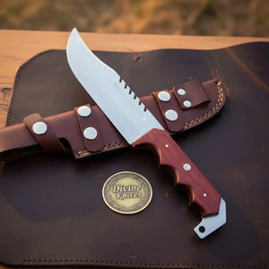 Rosewood Sawback Tracker Bowie Knife with Finger-Groove Wood Handle by Divine Knives