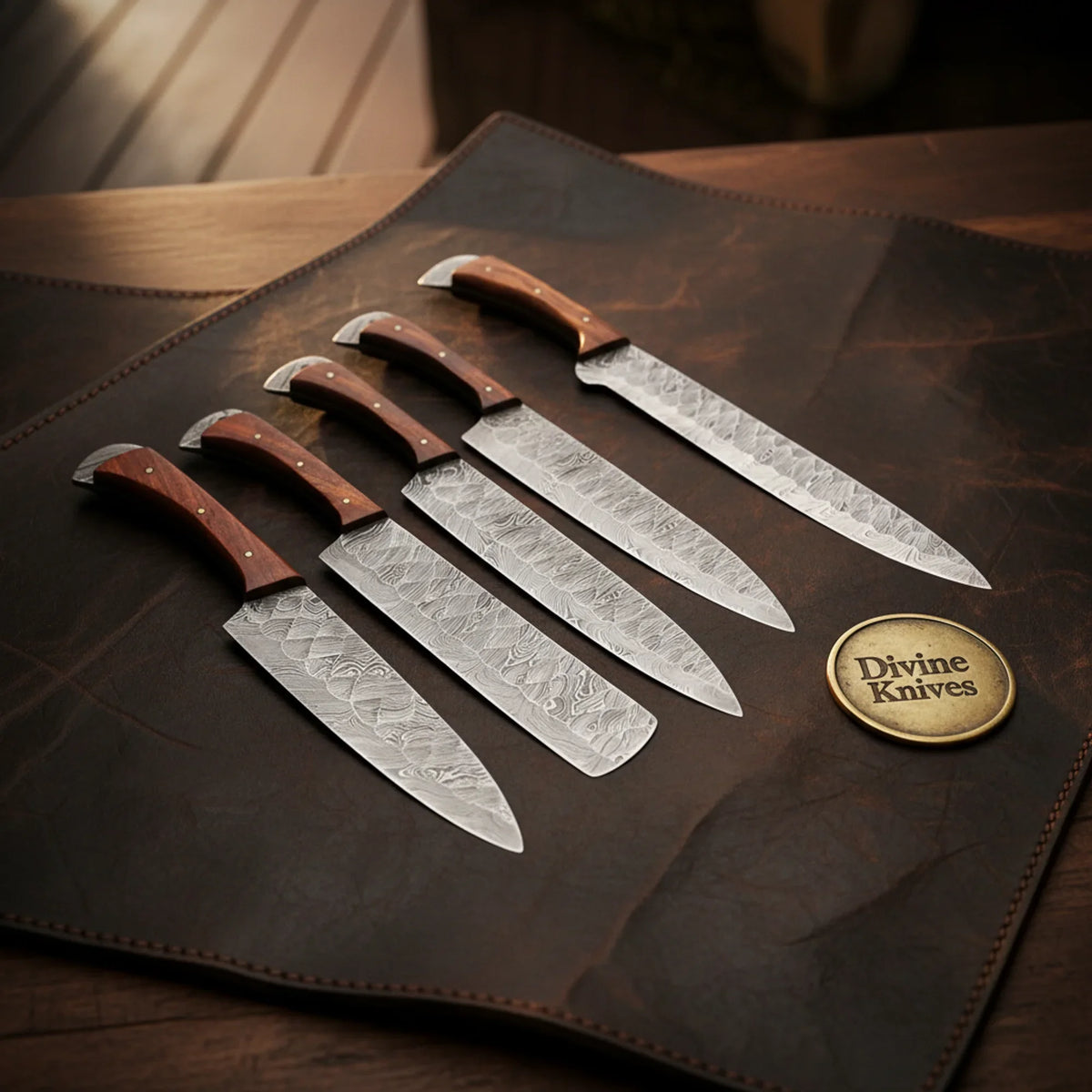 Rosewood Brisket Knife Set of 5 with Long Slicer and Forged Kitchen Blades