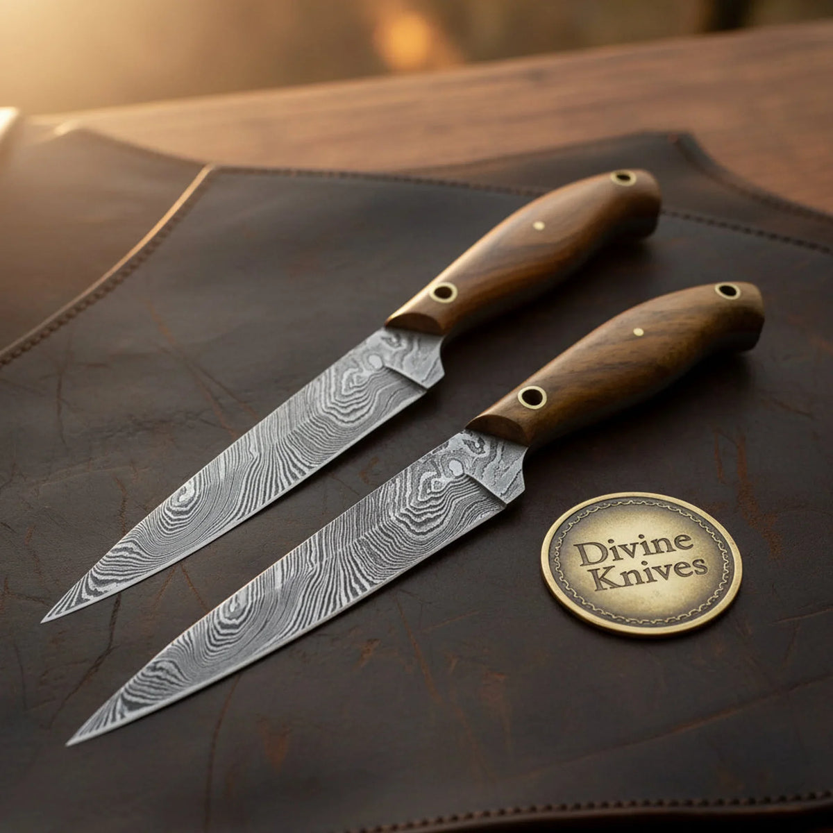Marshwren Walnut Wood Damascus Steel Bird and Trout Knife Pair by Divine Knives