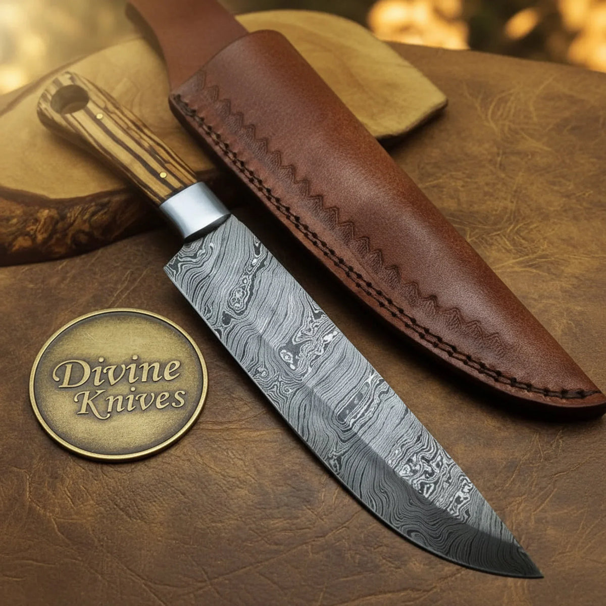 Zebra Wood Damascus Kiritsuke Chef Knife for Precise Prep by Divine Knives