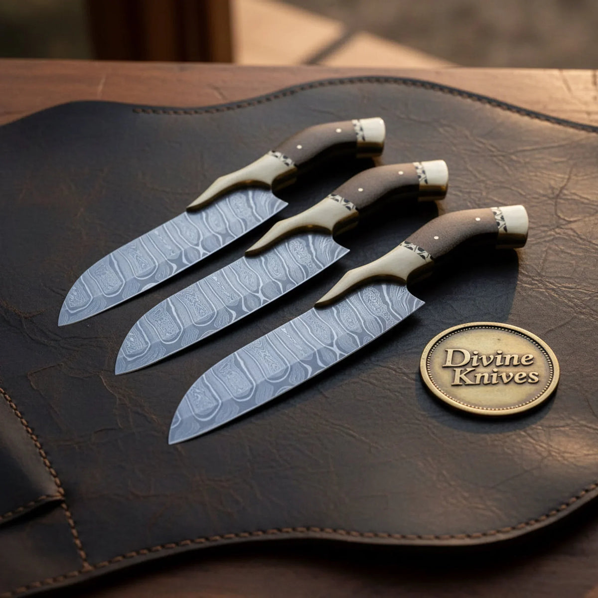 Wingcrest Bone Wing Guard Damascus Santoku Knife Set for Multi Cook Kitchens by Divine Knives