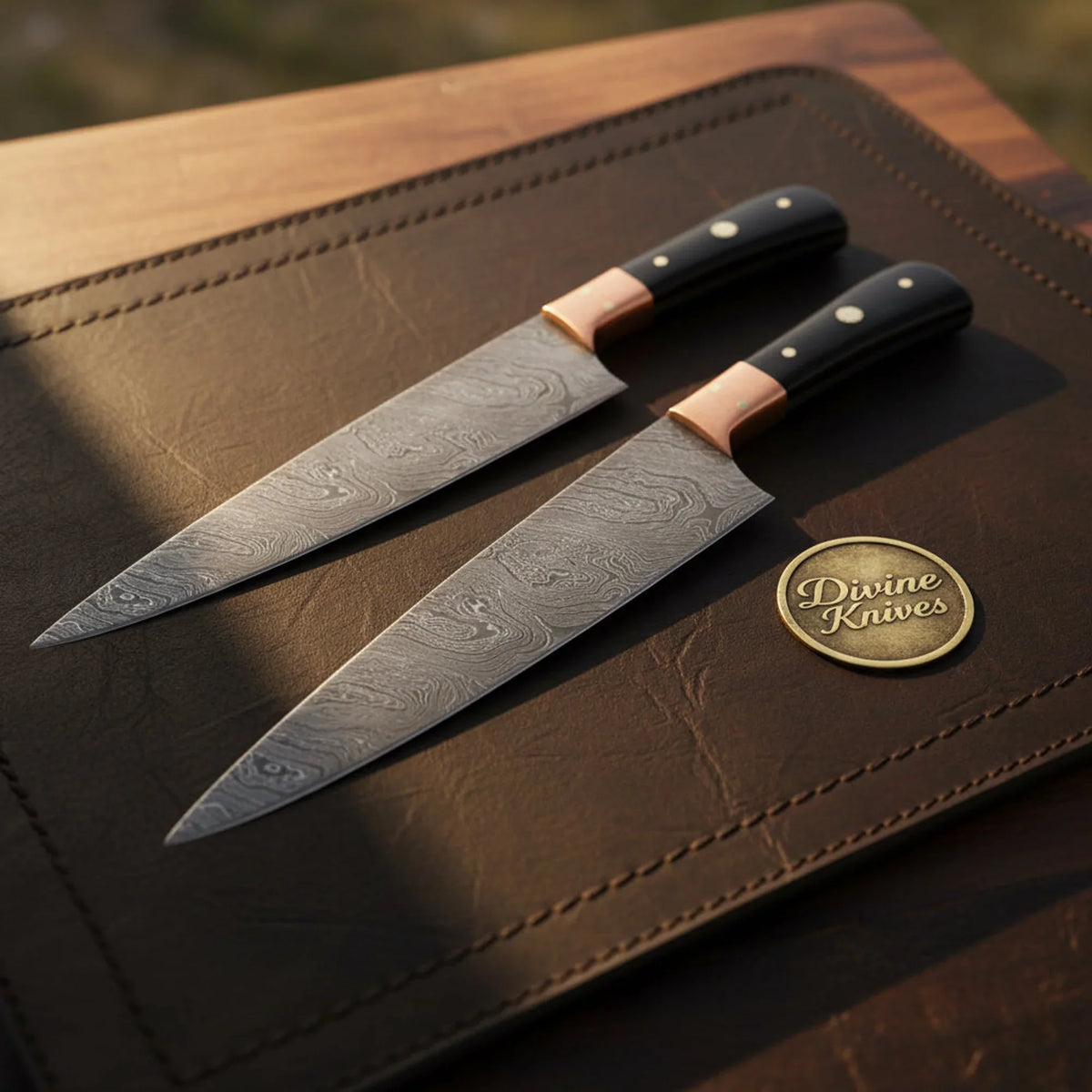 Copper Bolster Damascus Gyuto Chef Knife Set for Kitchen Prep