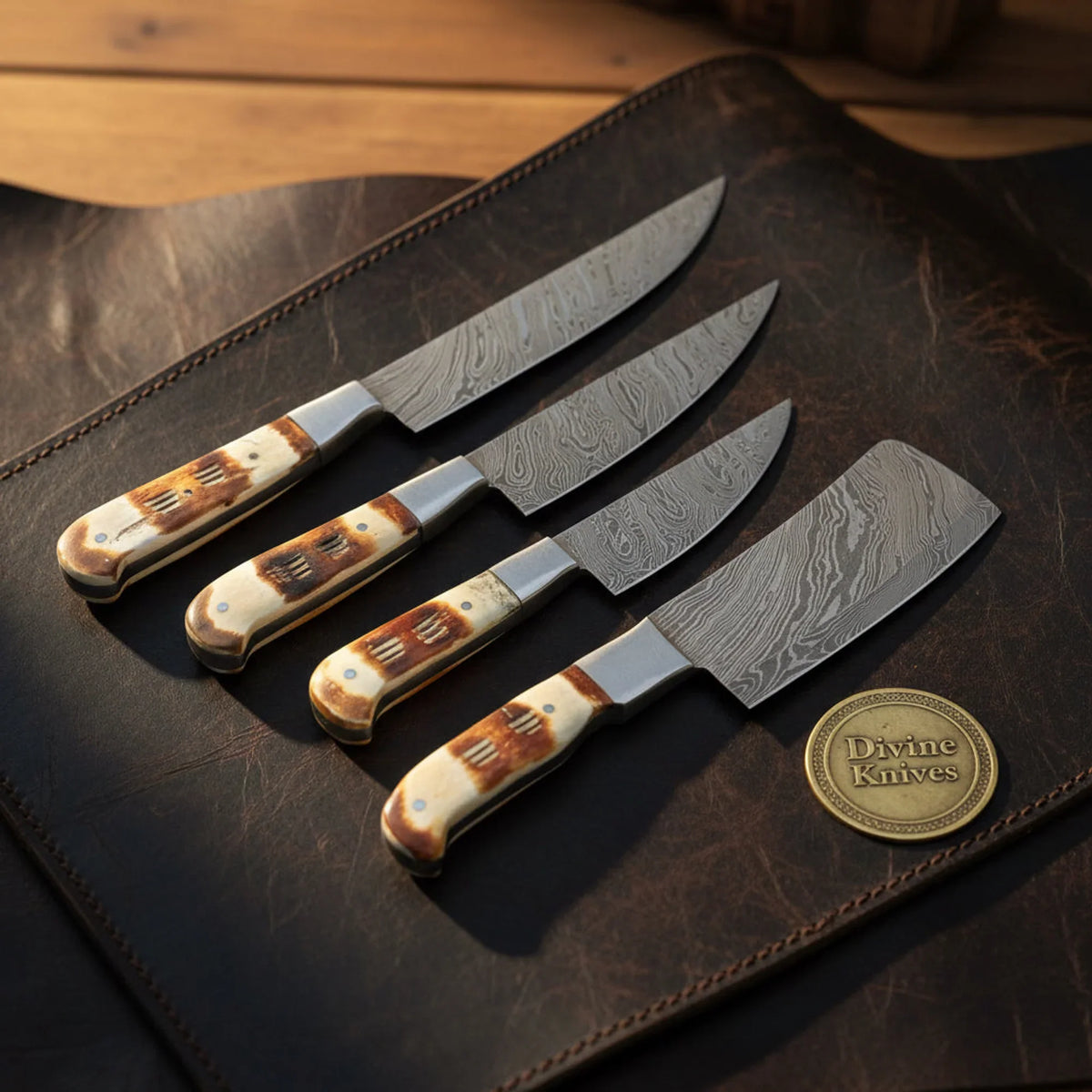 Emberstag Staghorn Damascus Butcher Chef Knife Set for Whole Cut Prep
