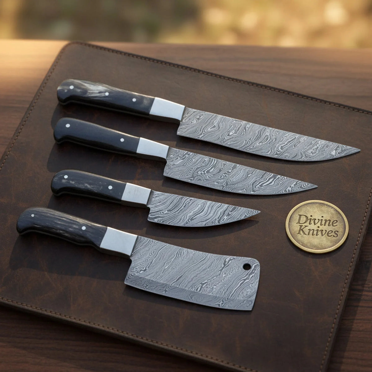 Buffalo Horn Damascus Butcher Chef Knife Set with Cleaver for Kitchen Work by Divine Knives