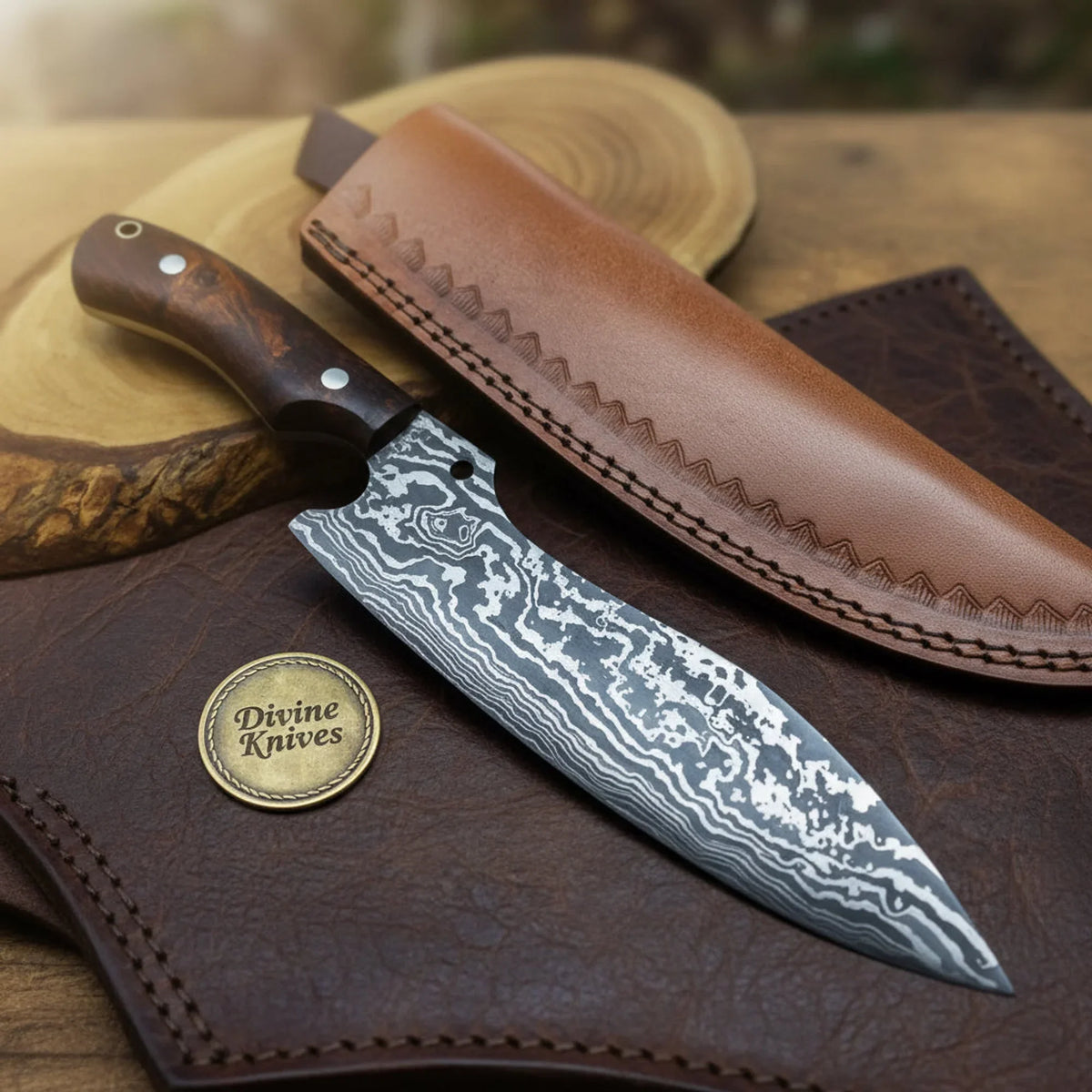 Thumb Ramp Spine Damascus Chef Knife for Everyday Kitchen Prep by Divine Knives