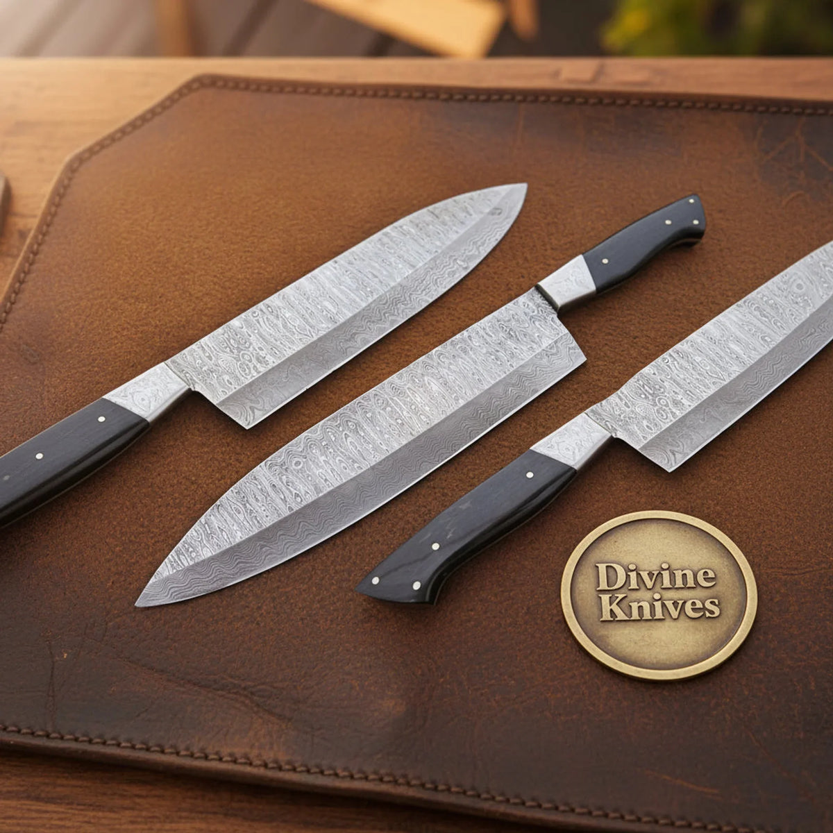 Raindrop Damascus Full-Tang Gyuto Knife with Dark Handle by Divine Knives