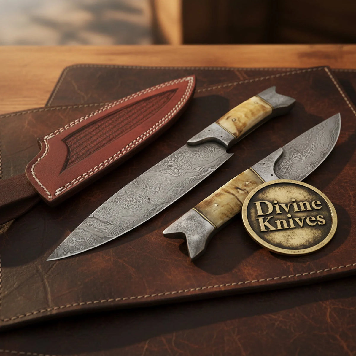 Damascus Fish Bolster Hunting & Skinning Knife Set with Ram Horn Handles by Divine Knives