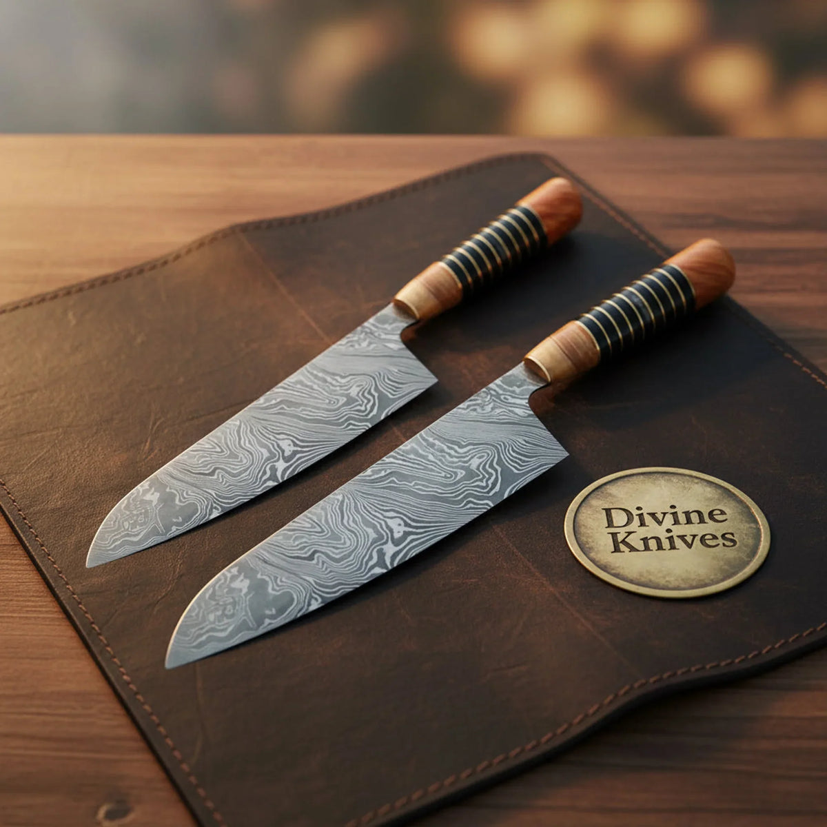 Olive Wood & Buffalo Horn Damascus Chef Knife with Stacked Handles by Divine Knives