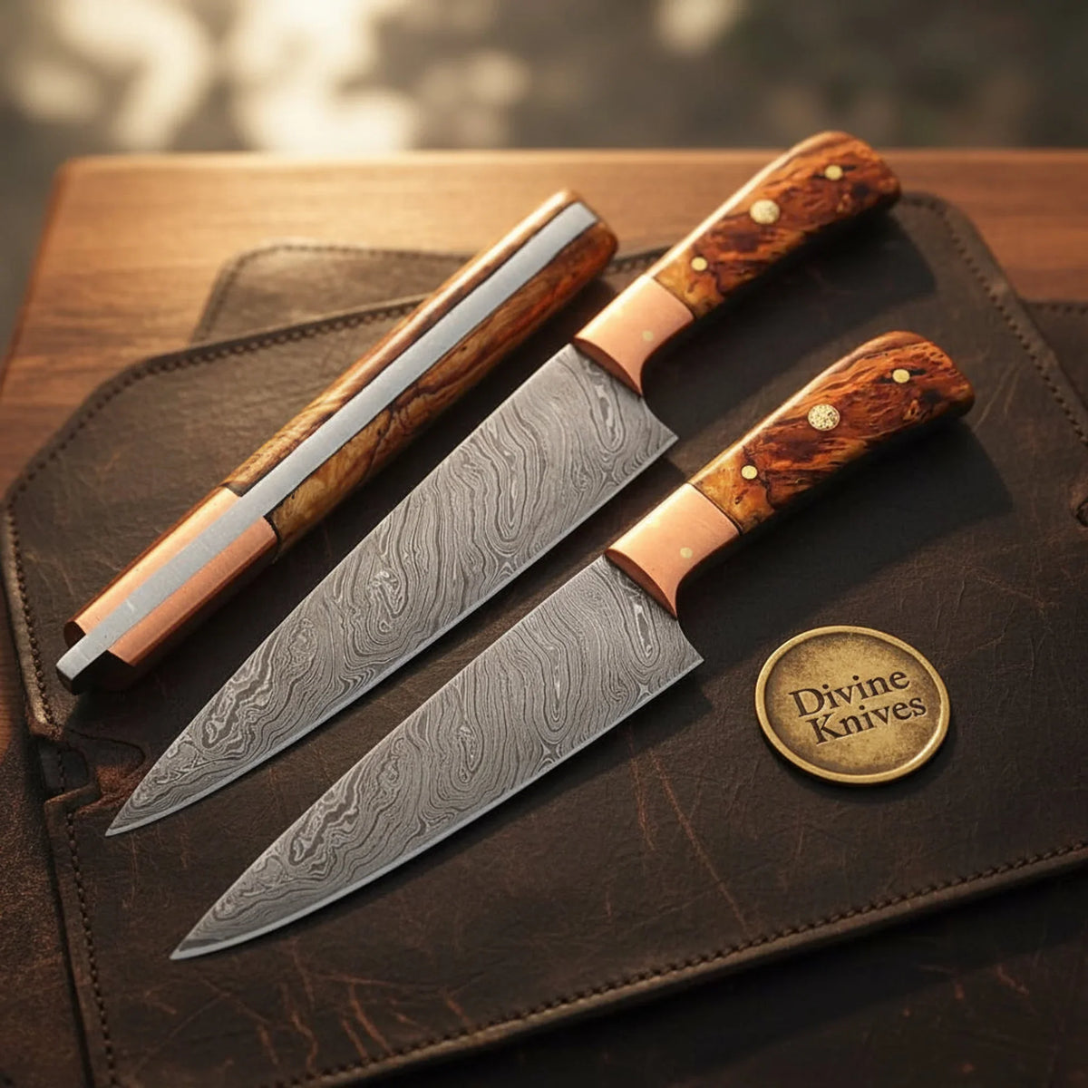 Burl Wood Damascus Kitchen Utility & Carving Knife with Copper Bolsters by Divine Knives
