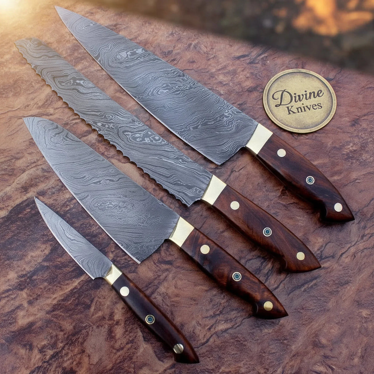 Rosewood Damascus Brisket Chef Knife Set with Layered Blades by Divine Knives