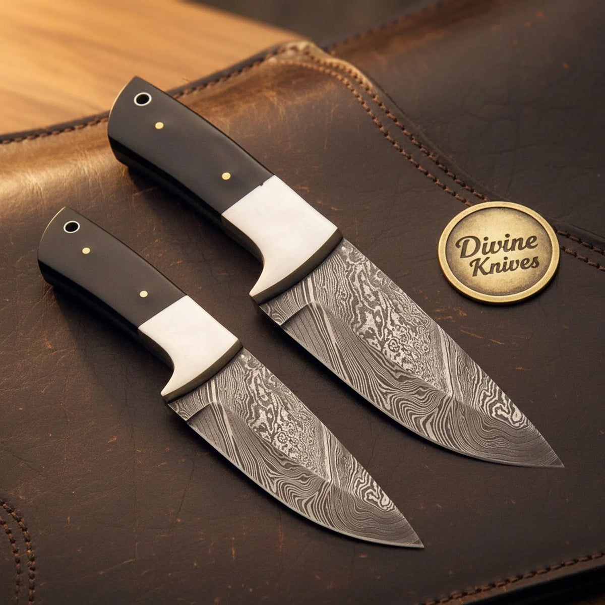 Buffalo Horn Drop Point Damascus Skinner Set with Silver Bolsters by Divine Knives