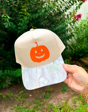 Halloween Pumpkin Khaki/Washed Camo Trucker Hat