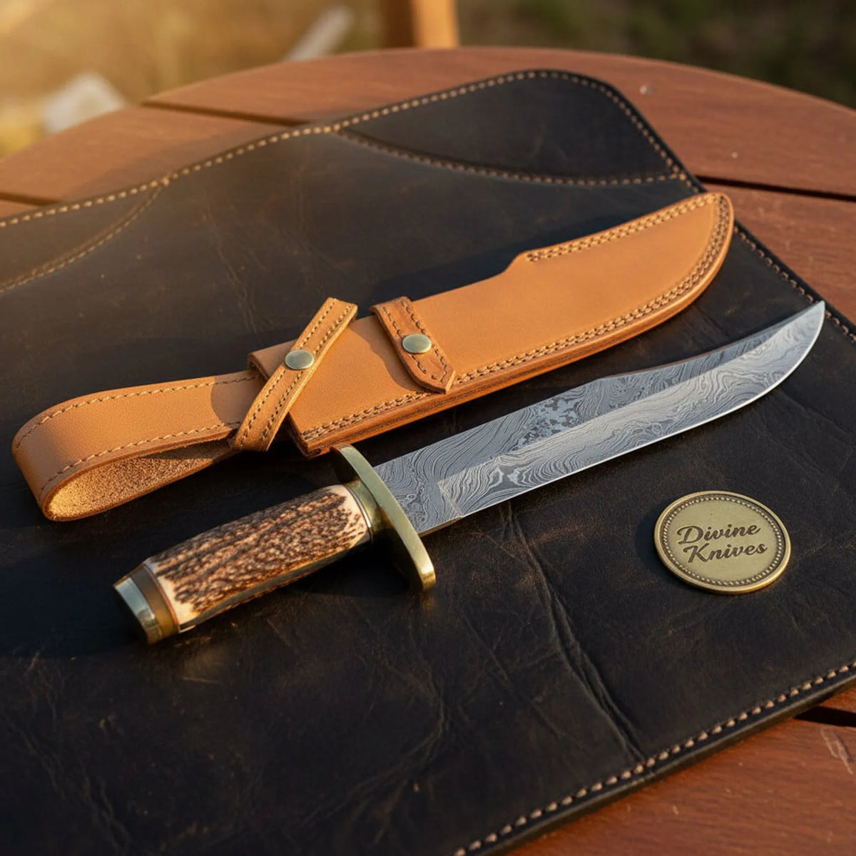 Staghorn Damascus Brass Clip Point Bowie with Brass Fittings for Field Work by Divine Knives