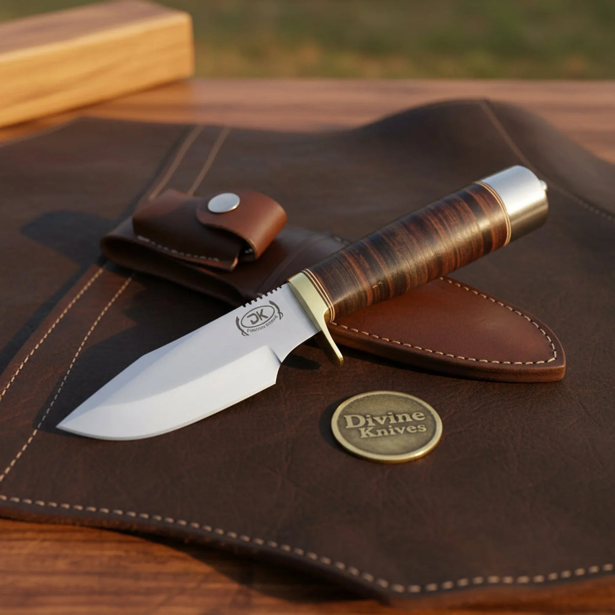 Classic Randall-Style Camp Knife with Stacked Leather Sheath by Divine Knives