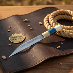 Hybrid Handle Broken-Back Seax Knife with Bone and Blue Accent Handle by Divine Knives