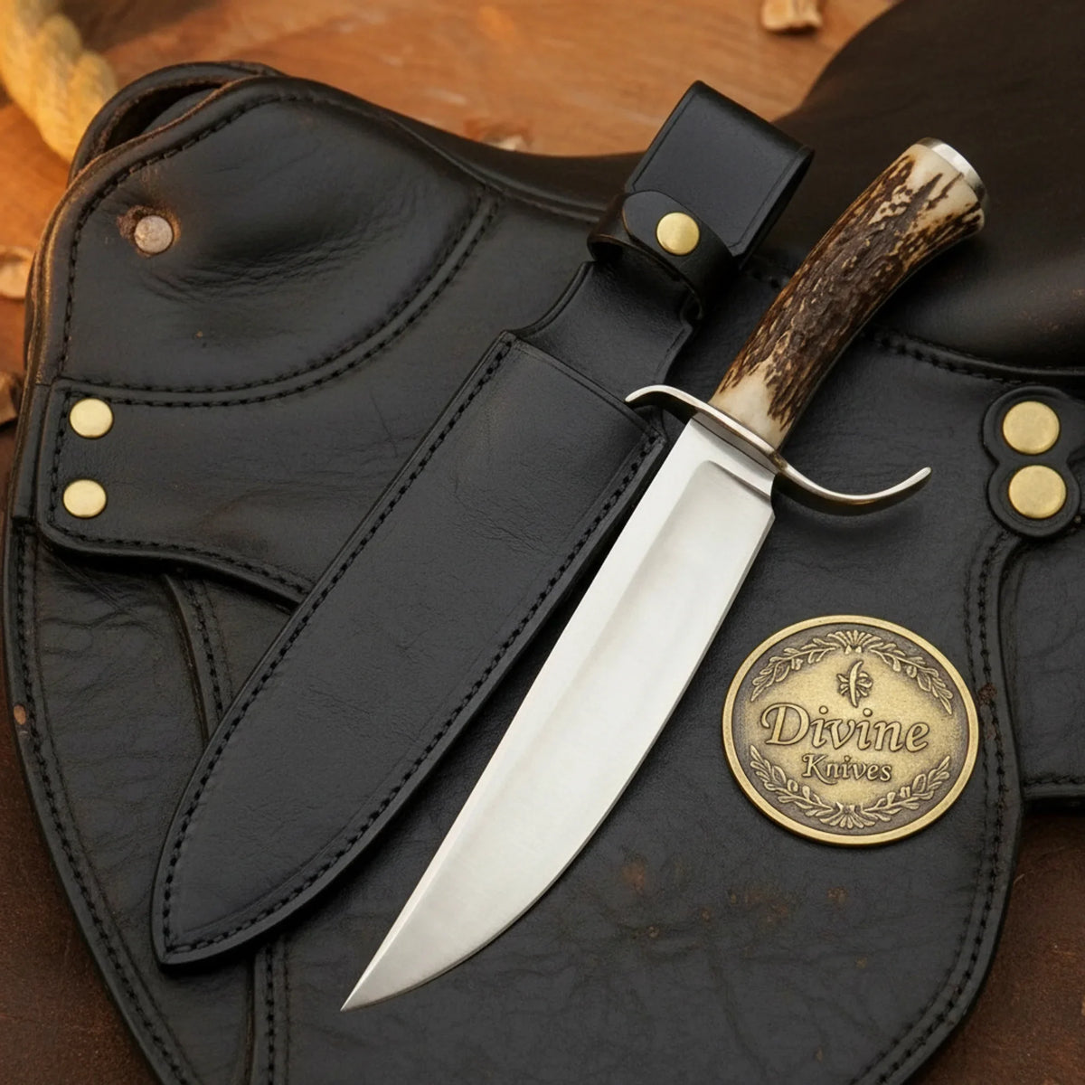 Coffin Antler Straight-Back Bowie with Classic Coffin Handle by Divine Knives