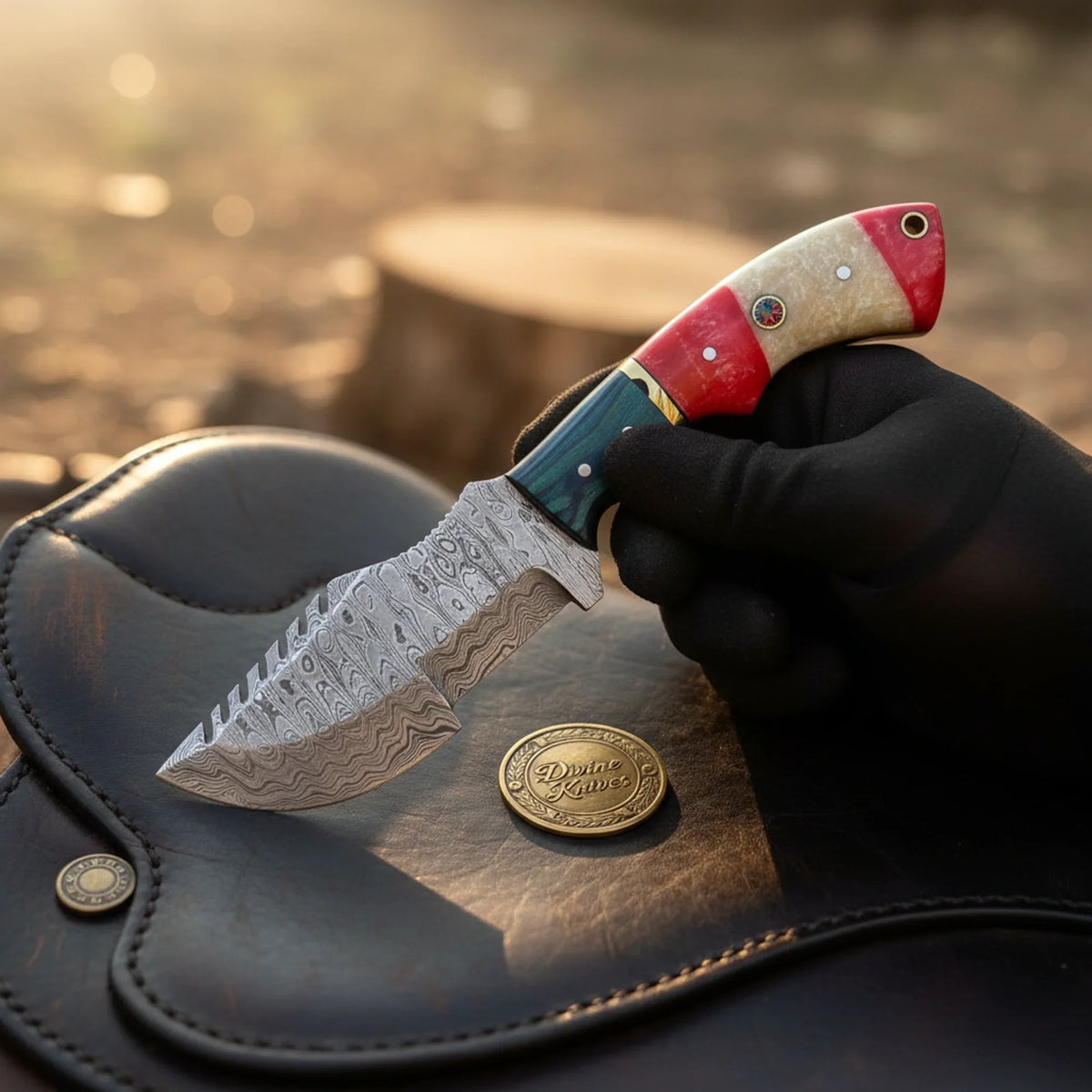 Segmented Resin Damascus Tracker Knife with Color-Blocked Handle by Divine Knives