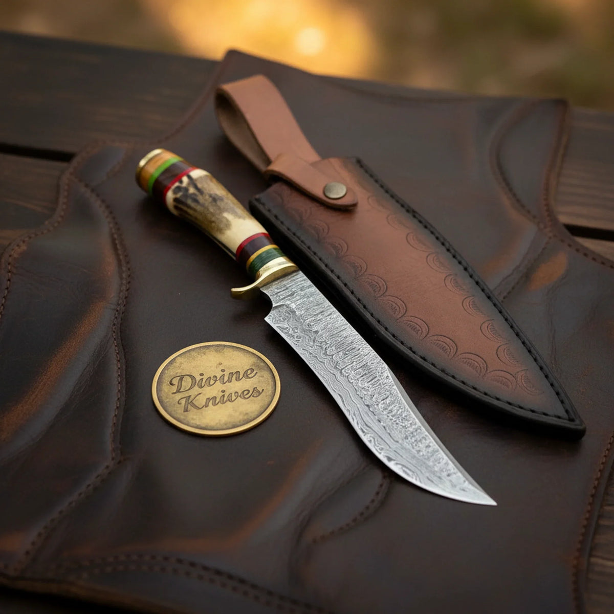 Antler Damascus Clip Point Bowie with Colorful Rings Handle by Divine Knives