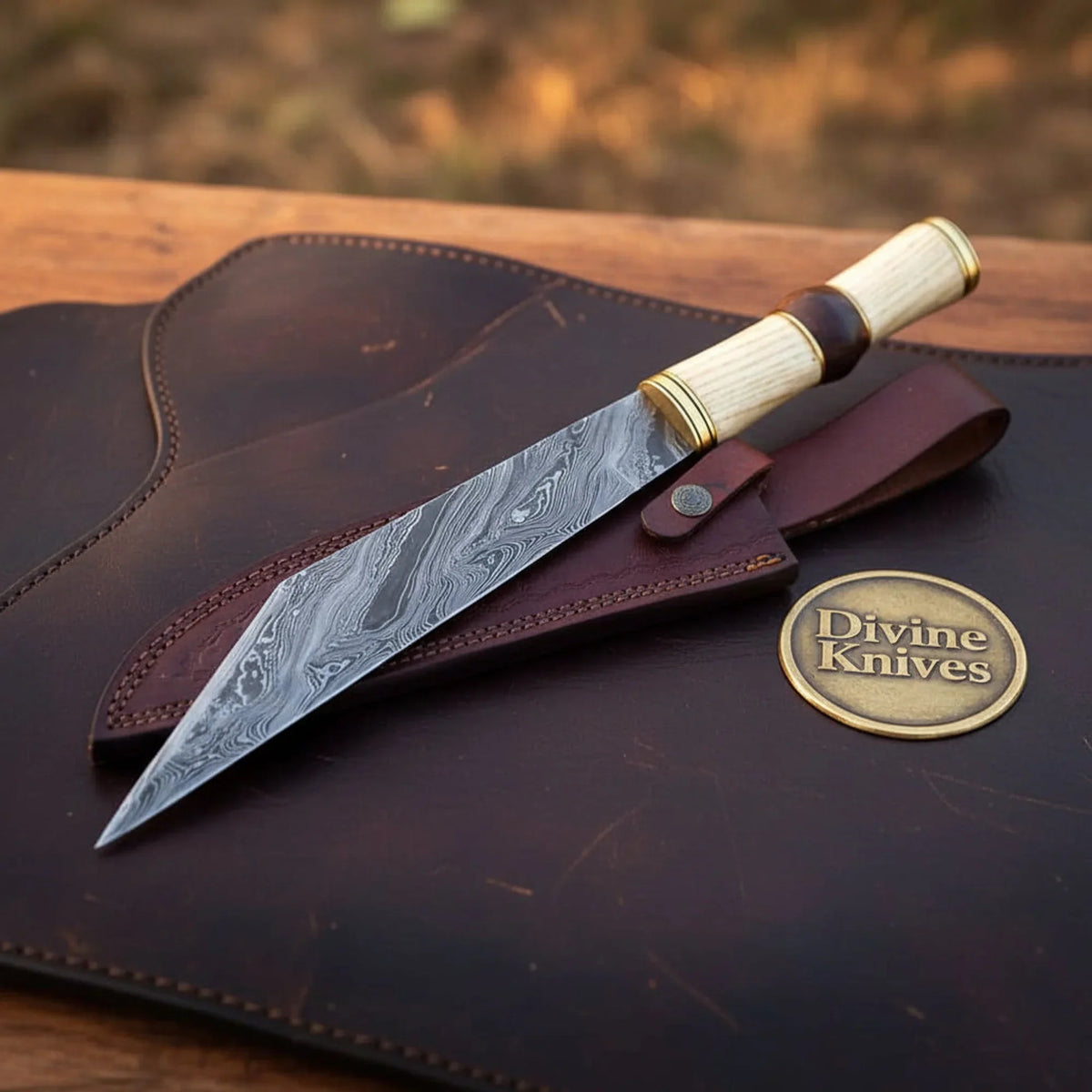 Barrel Grip Damascus Broken-Back Seax Knife with Bone and Wood Handle by Divine Knives