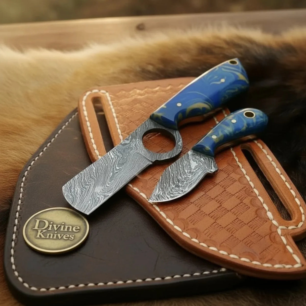 Blue Marbled Ring Bull Cutter & Neck Skinner Set for Field Dressing by Divine Knives