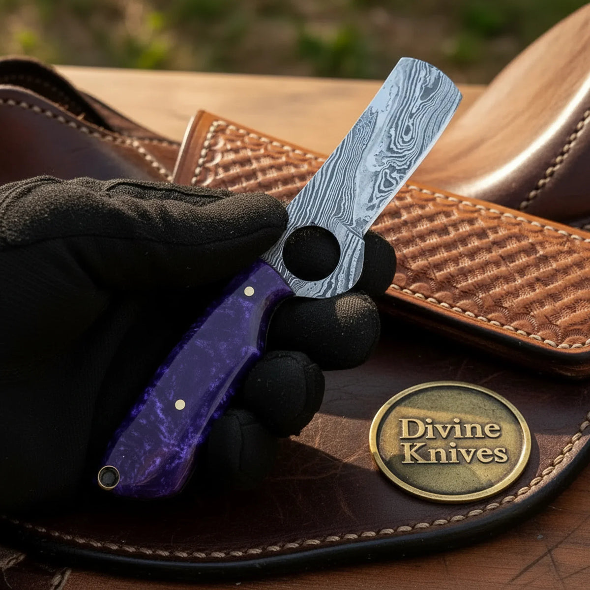 Loop Hole Purple Resin Bull Cutter & Skinner Set with Tooled Leather Sheath by Divine Knives