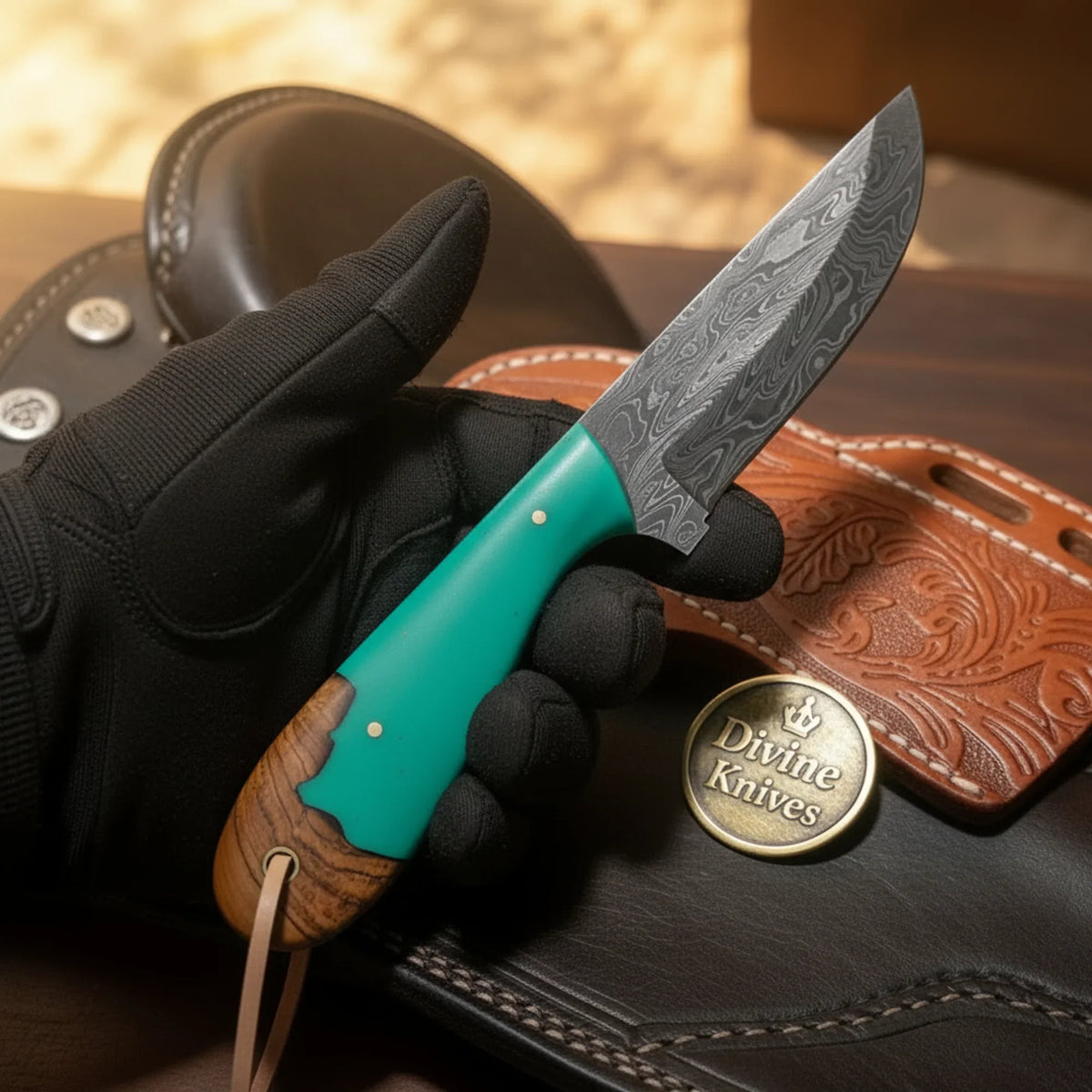 Green Turquoise Wood Drop Point Skinner – Durable for Hunting by Divine Knives