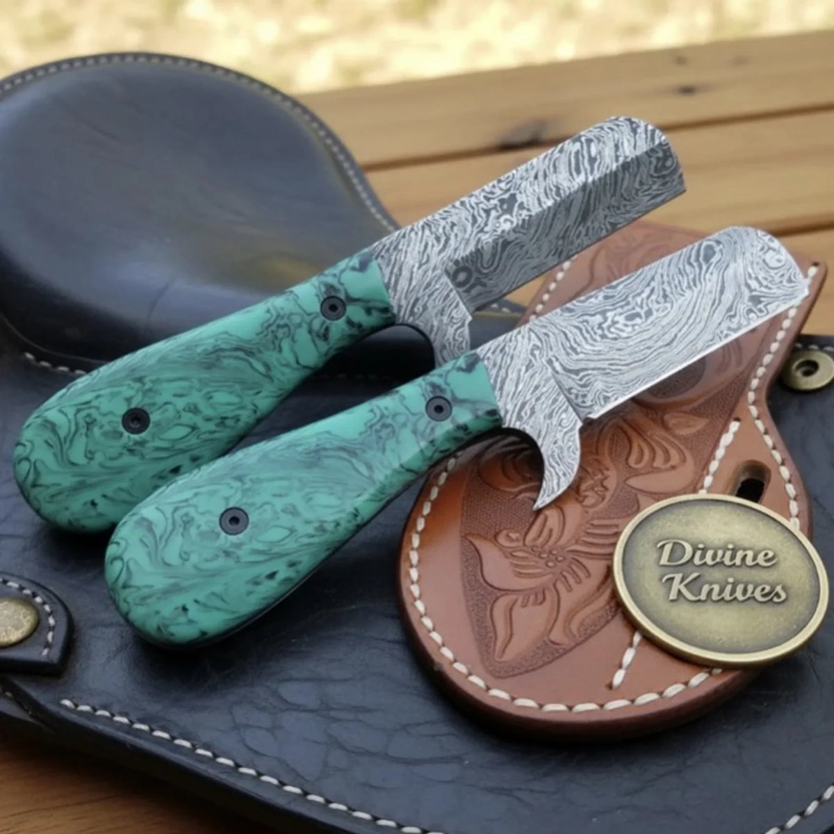 Green Turquoise Tanto Bull Cutter Set with Damascus Blades by Divine Knives