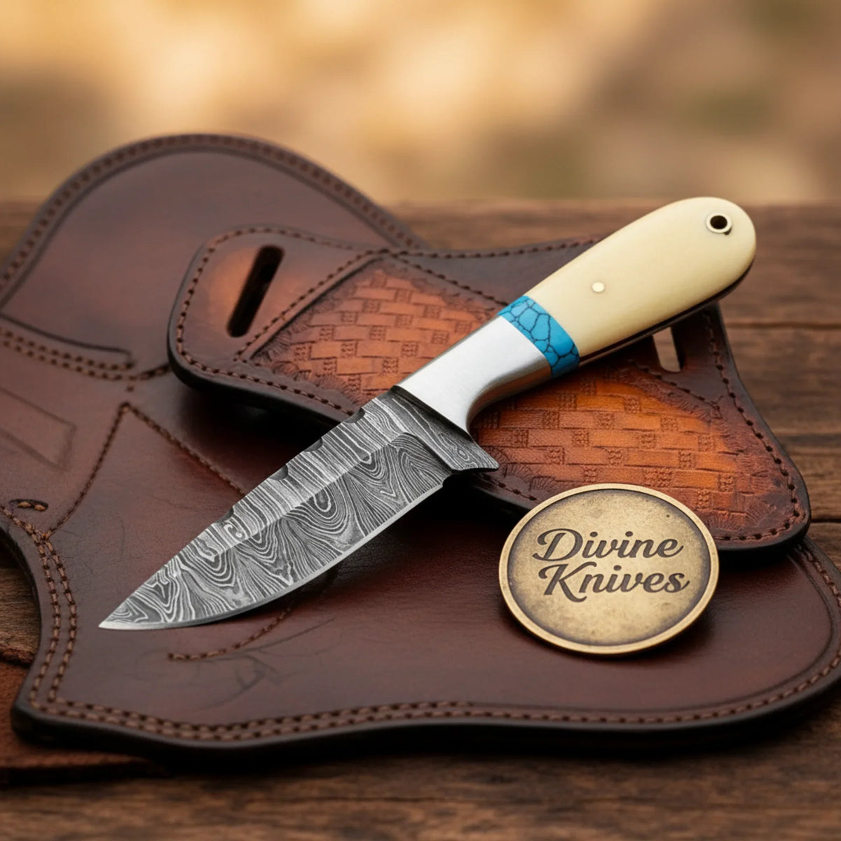 Bone & Turquoise Damascus Cowboy Skinner Knife with Leather Sheath