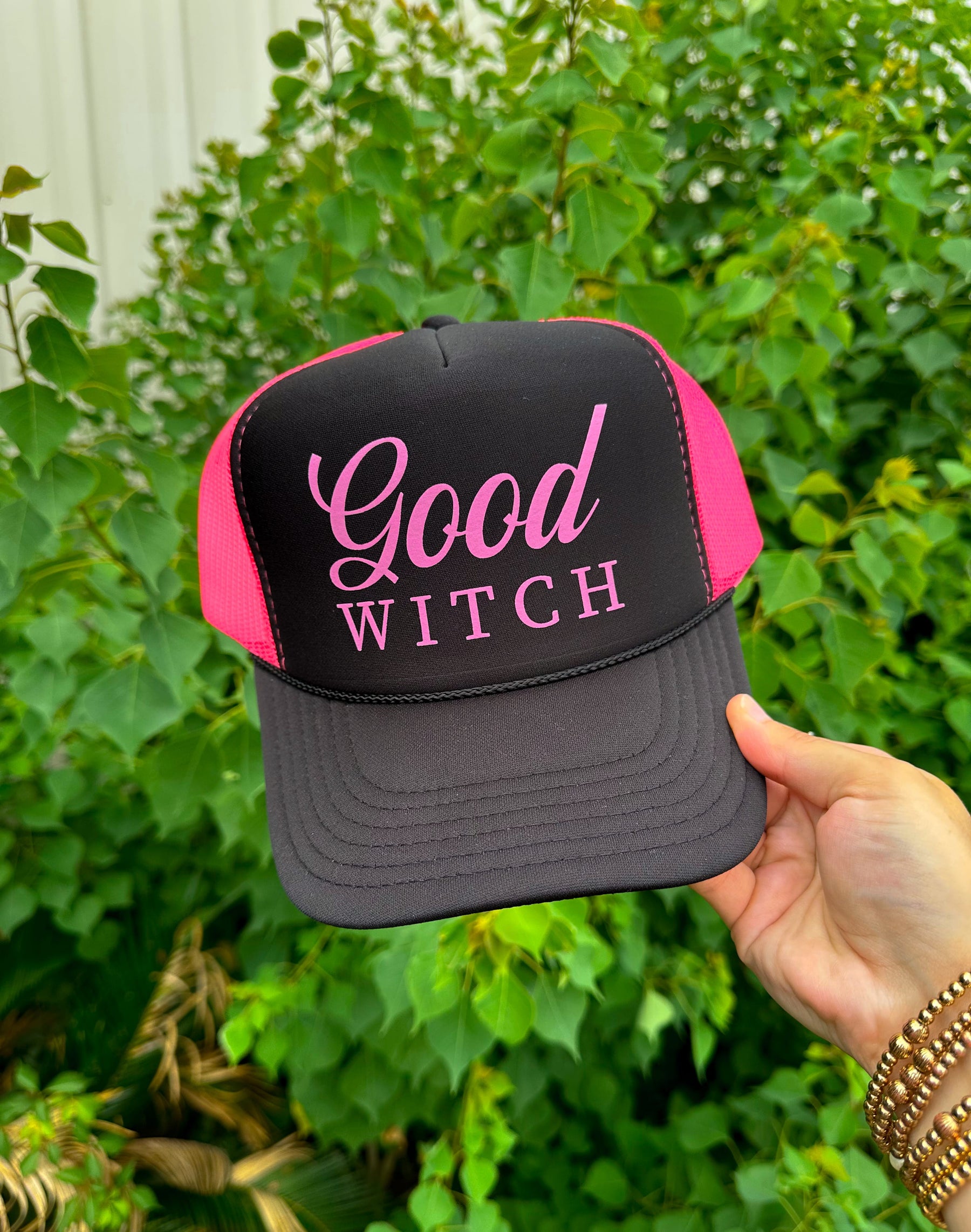 Good Witch (pink font) Black/Hot Pink Trucker Hat
