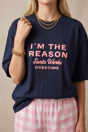 I'm the Reason Santa Works Overtime Mock Neck Tee