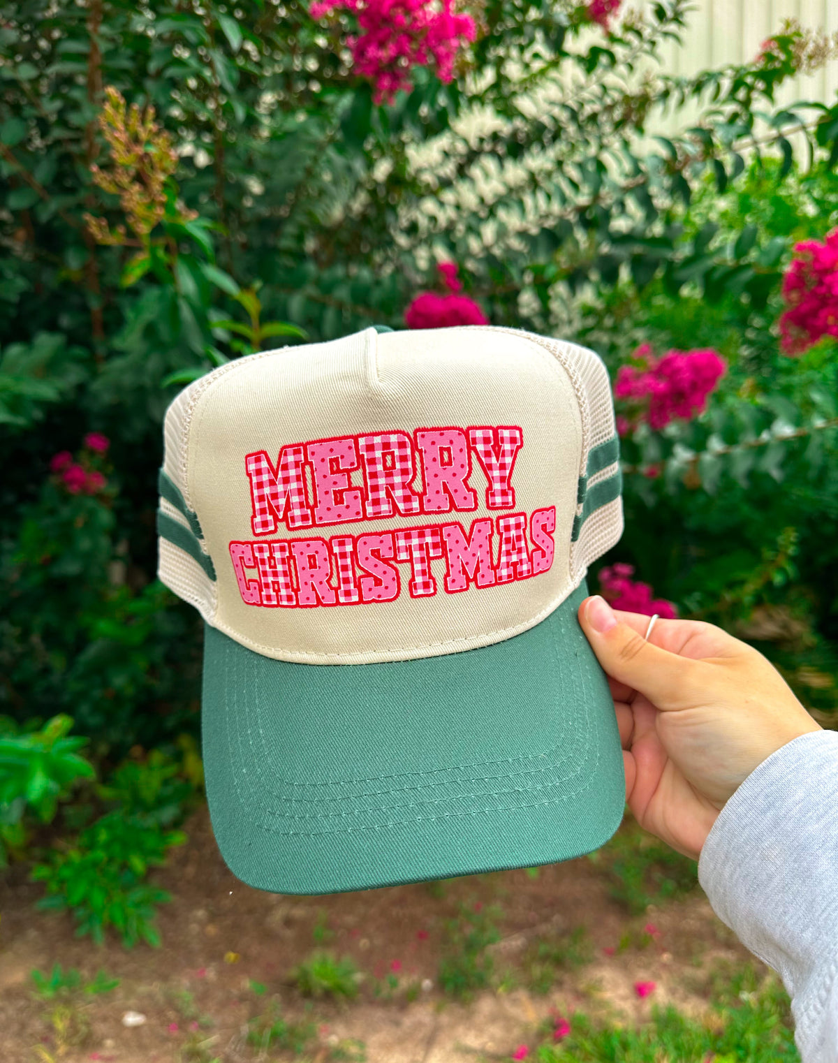 Merry Christmas Dark Green Striped Canvas Trucker Hat by Southern Bliss Company – view 2