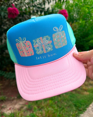 Christmas Bow Gifts Multi Trucker Hat (Carolina Blue) by Southern Bliss Company