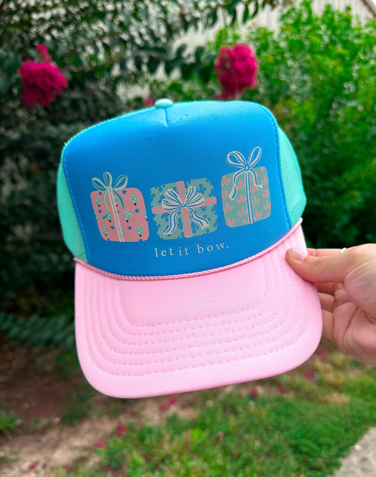 Christmas Bow Gifts Multi Trucker Hat (Carolina Blue) by Southern Bliss Company – view 2