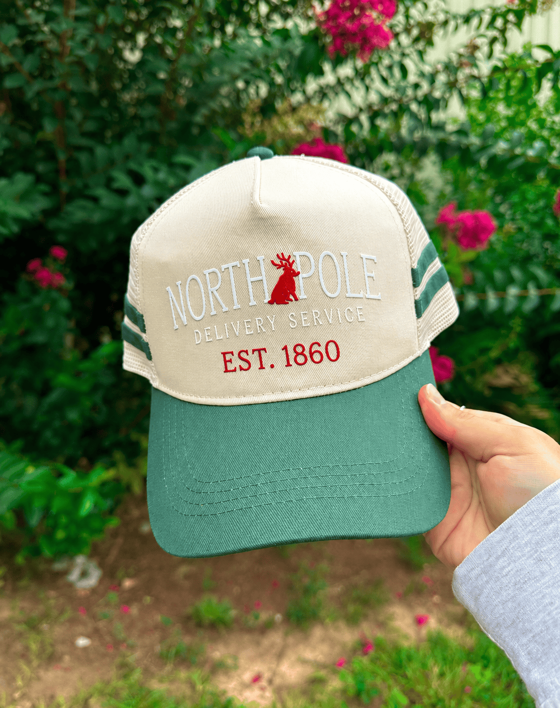 North Pole Delivery Dark Green Striped Canvas Trucker Hat by Southern Bliss Company