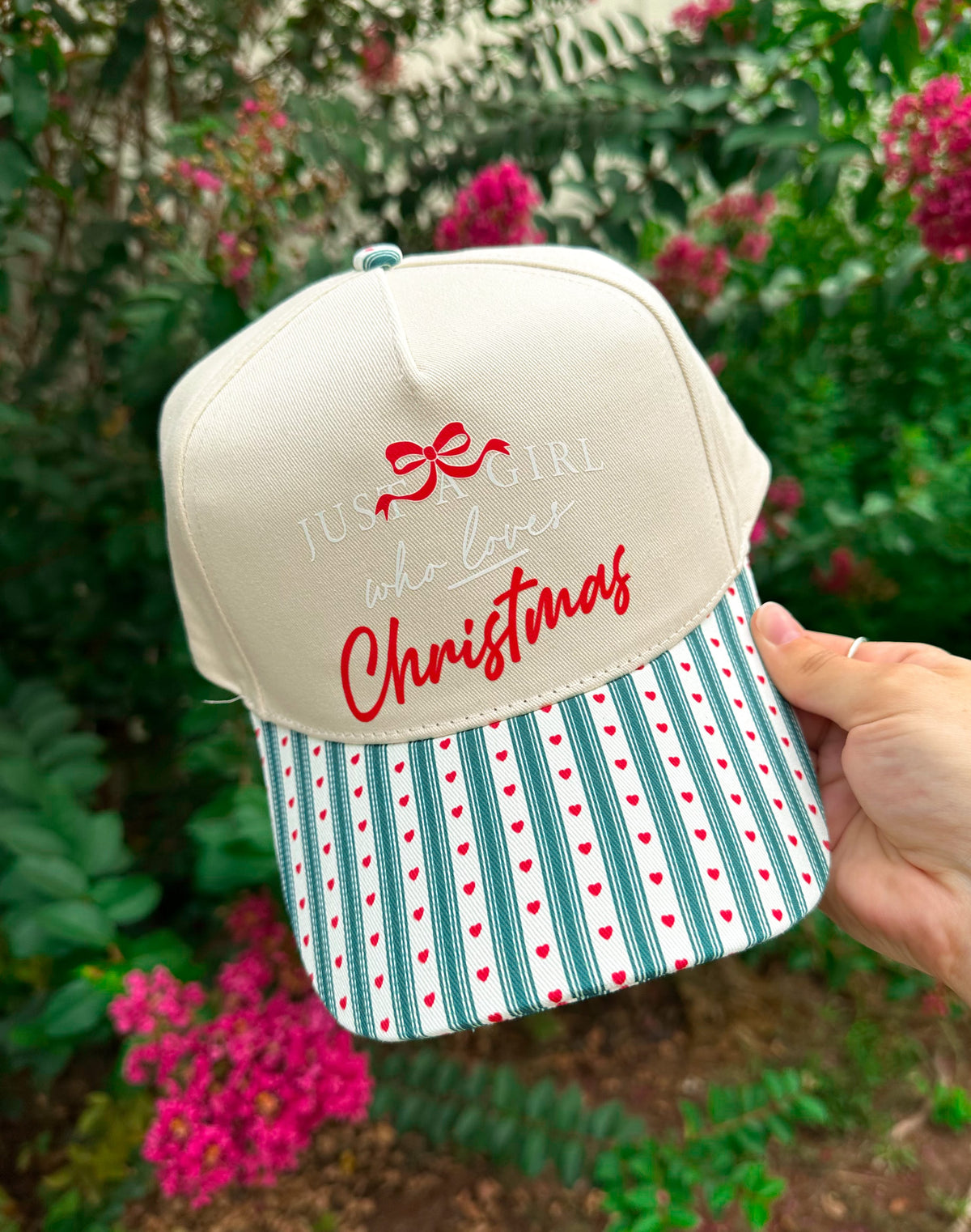 Just A Girl Who Loves Christmas Green Striped & Red Hearts Canvas Trucker Hat by Southern Bliss Company – view 2