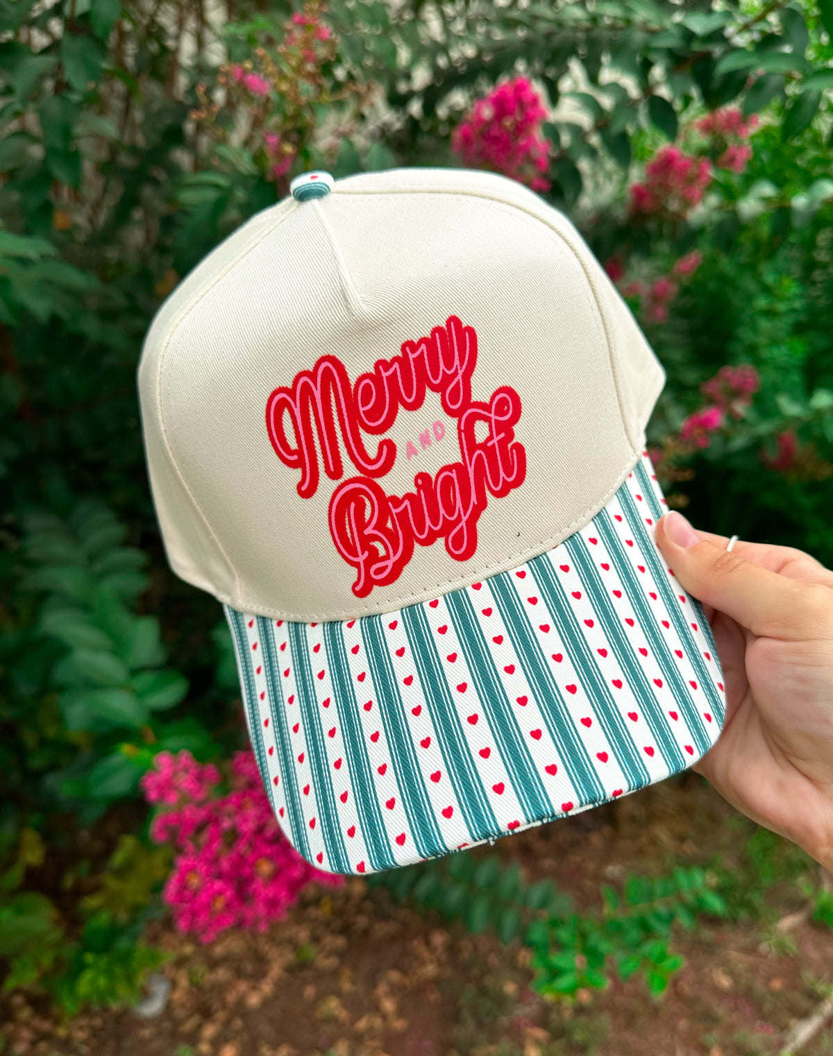 Merry & Bright Green Striped & Red Hearts Canvas Trucker Hat by Southern Bliss Company – view 2