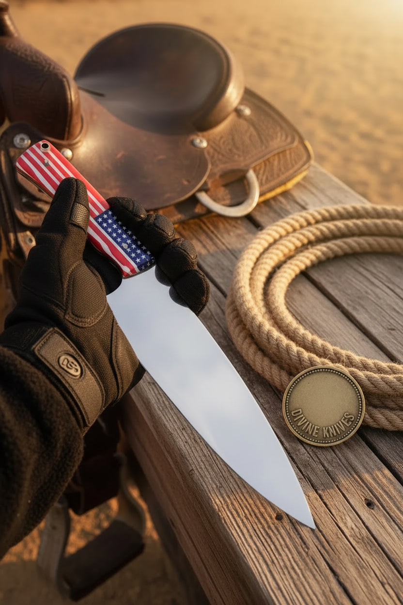 American Flag Handle Chef Knife with Wide Cutting Blade for Patriotic Kitchens by Divine Knives