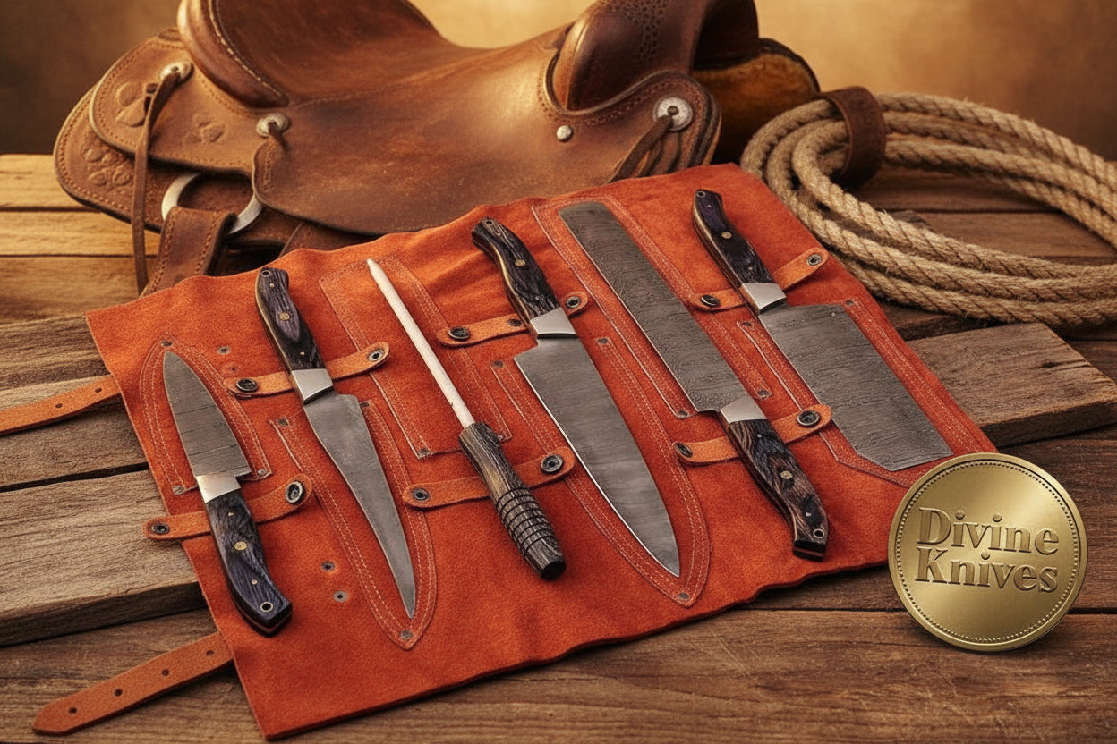 6-Piece Chef Knife Set with Sharpening Rod and Leather Roll Case detail view by Divine Knives