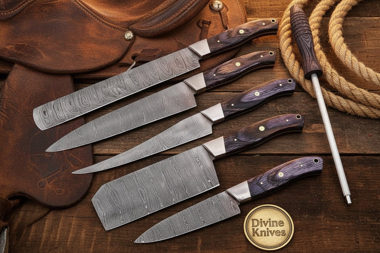 6-Piece Chef Knife Set with Sharpening Rod and Leather Roll Case by Divine Knives
