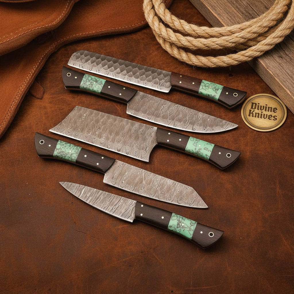 Damascus Orchid Chef Knife Set with Wood Grain Blades and Turquoise Inlay by Divine Knives