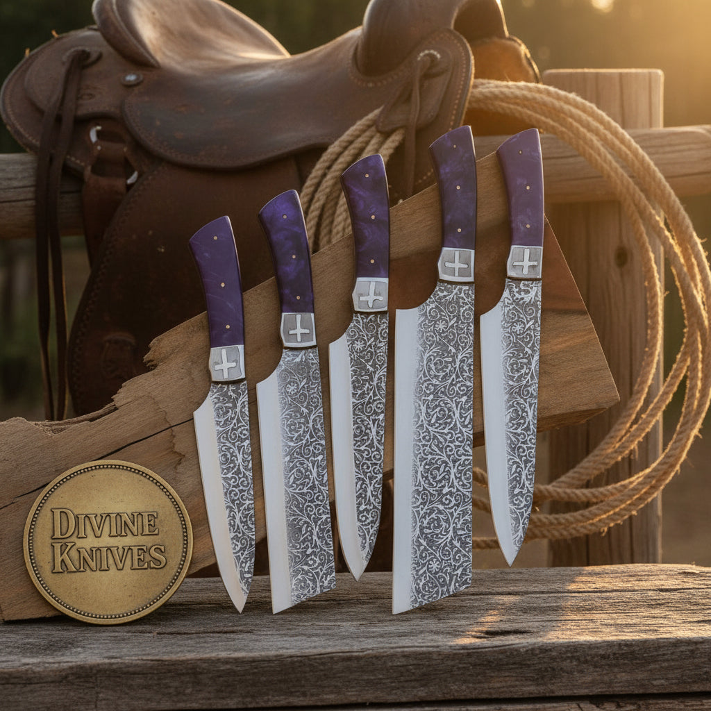 5-Piece Purple Handle Etched Chef Knife Set with Cross Bolster for a Bold Kitchen Upgrade by Divine Knives