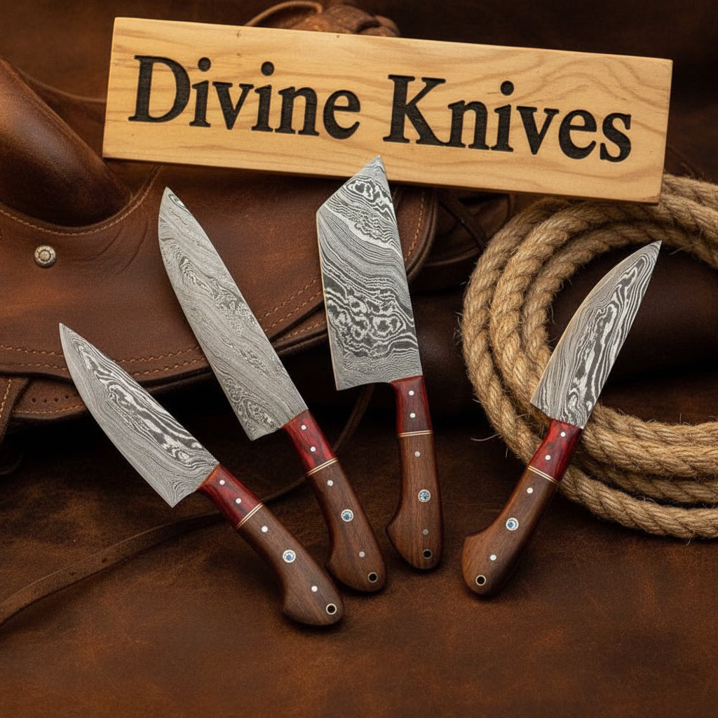4-Piece Chef Knife Set with Wood Handles and Red Resin Accents detail view by Divine Knives